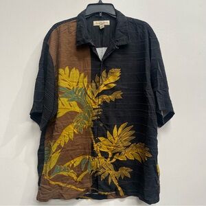 Tommy Bahama Shirt Men’s Size XL Silk Black Brown Striped Hawaiian Leaf Print